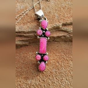 HANDMADE HOT PINK FIRE OPAL & STAMPED STERLING SILVER PENDANT